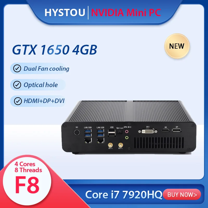 

HYSTOU Gaming Computer Intel Core i7-7920HQ 7820HQ GeForce GTX 1650 4G Windows 10 pro Linux HD DP DVI Port Three Display MINI PC