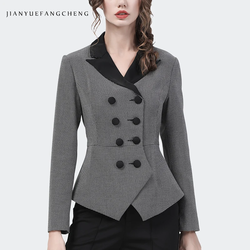 Vintage Grey Plaid Women Blazer Elegant Slim Office Ladies Coat Short Slim 2021 Autumn New Female Work Wear Suit Tops