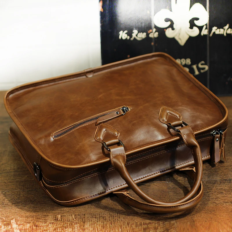 Men Vintage Briefcase handbag Crazy Horse Pu Leather 13inch Big Laptop Bags Business  Brown Messenger Shoulder Bag Man