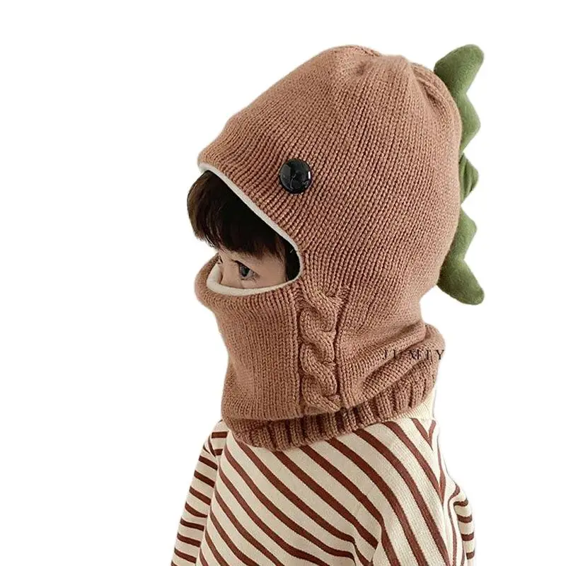 Doitbest Winter knit Baby Knitted Hat scarf one-piece Hats Kids Girl Boy Beanies Caps Warm dinosaur Earflap Hats for Children