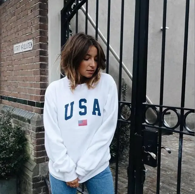 

chic women hoodies sweatshirts ladies autumn winter fall cool usa print flag elegance parties sports sweat shirts