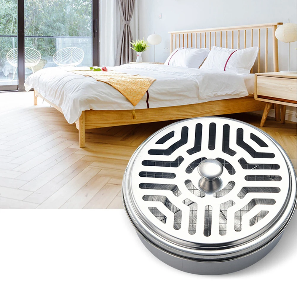 Round Mosquito Coil Holder Stainless Steel Mosquito Coil Disk Portable Mosquito Coil Tray with Hollow Cover