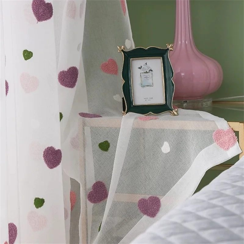 Adorável dos desenhos animados 3D Pink Heart Bordado Tule, cortinas para crianças, sala de estar, quarto, bonito, cortinas personalizadas