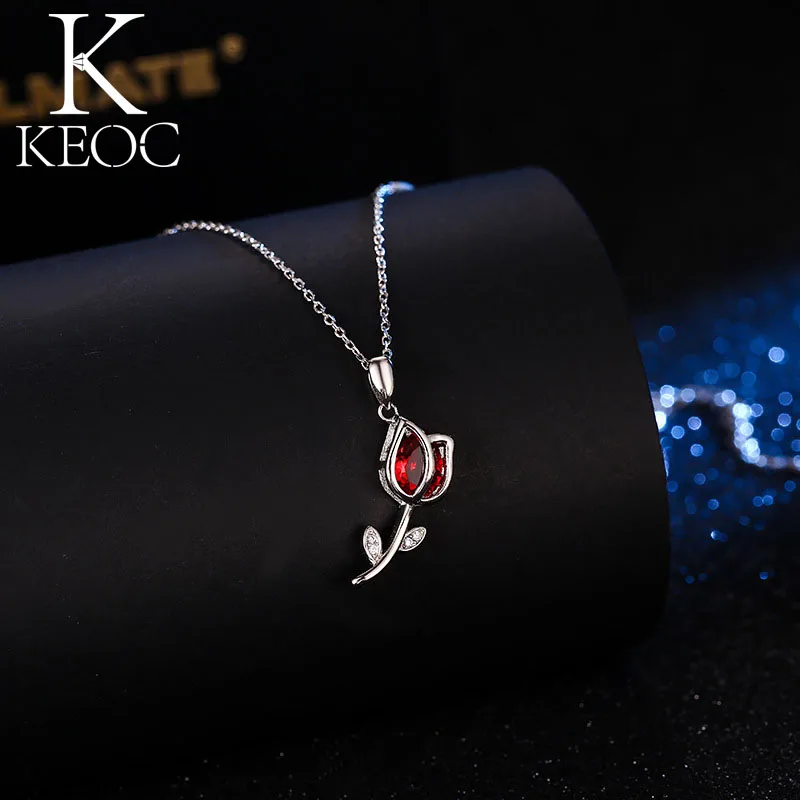 Keoc New Romantic Red Zircon Rose Pendant Necklace Women's Engagement Proposal Valentine's Day Fashion Jewelry Couple Gift