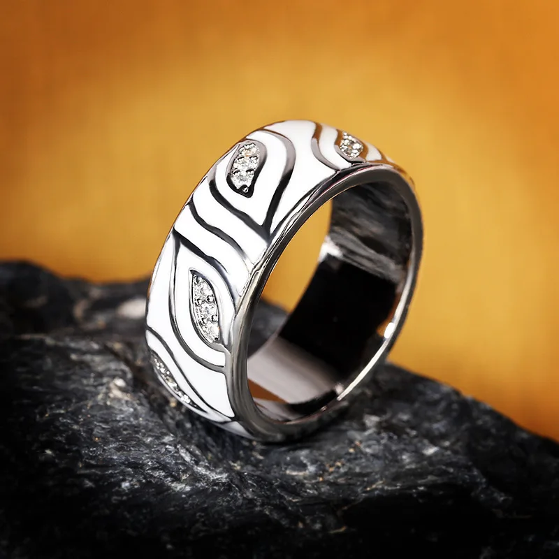925 Silver White Leaves Sparkling CZ Jewelry Ring Set Fine Jewelry Handmade Enamel Jewelry for Women
