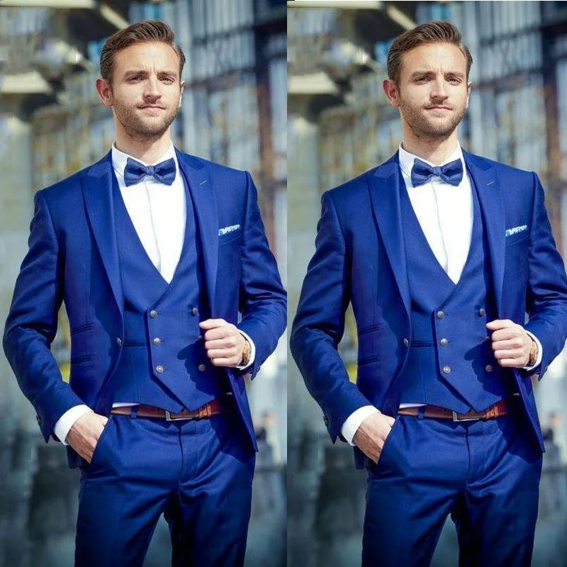

3 Piece Royal Blue Slim Fit Terno Masculino Peaked Lapel Mens Business Formal Prom Tuxedos Best Man Blazer Groom Wedding Suit