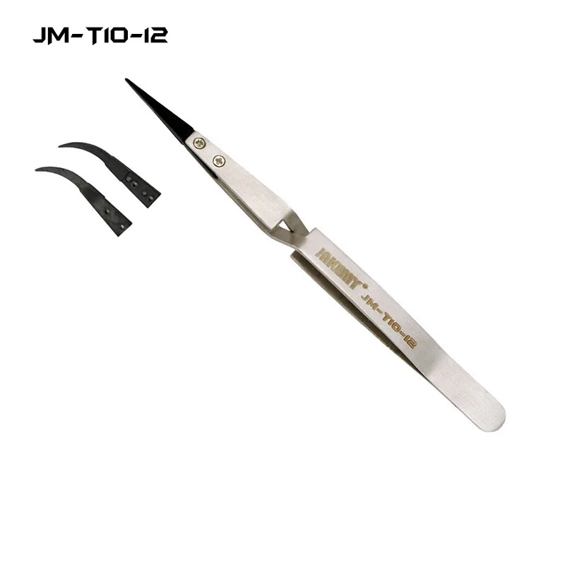JAKEMY JM-T10-12 교체 가능한 정전기 방지 리버스 핀셋 (핸드폰 분해를 위한 직선 및 곡선 뾰족한 팁 포함)