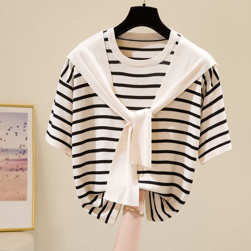 chic cotton short-sleeve women\'s T-shirt section loose striped knitted cotton sweater Autumn new O-neck pullover sweater