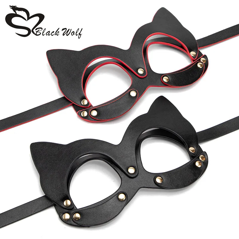 Schwarz Wolf Spaß Katze Masken Cosplay Halloween Partei Halbe Gesicht Maske Erwachsene Sex Produkte PU Harness Fuchs Maske BDSM Leder maske Fetisch