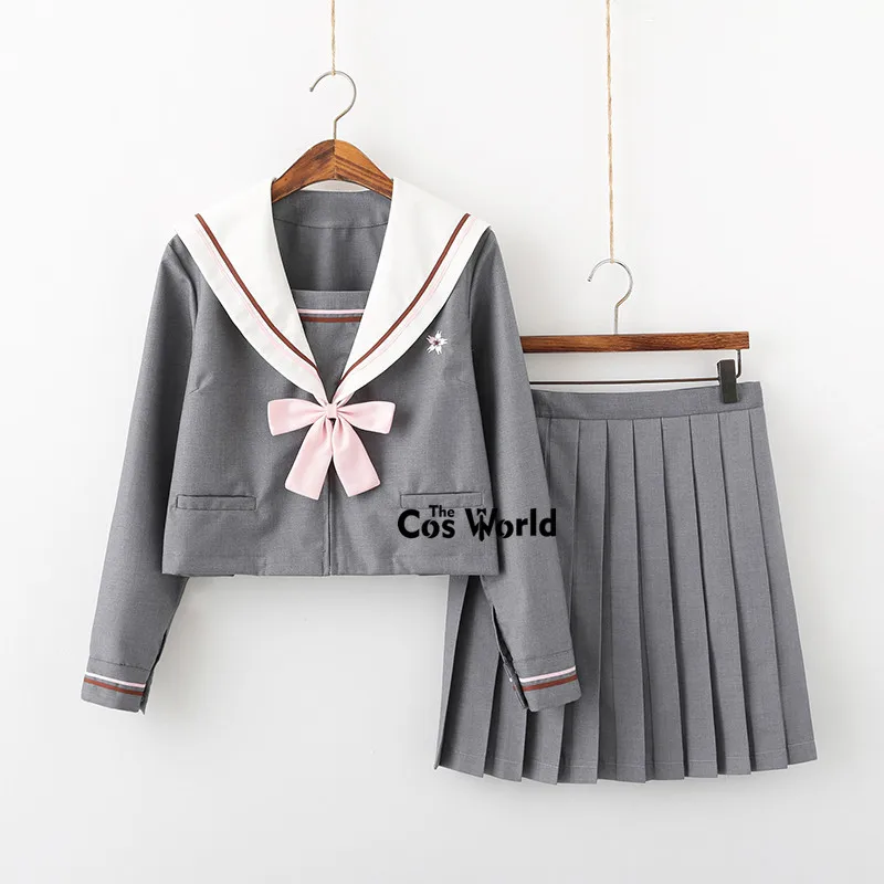 [Mount Sakura] Gray Summer Navy Sailor Suit Tops Skirts JK High School Uniform Class Uniform Students Cloth