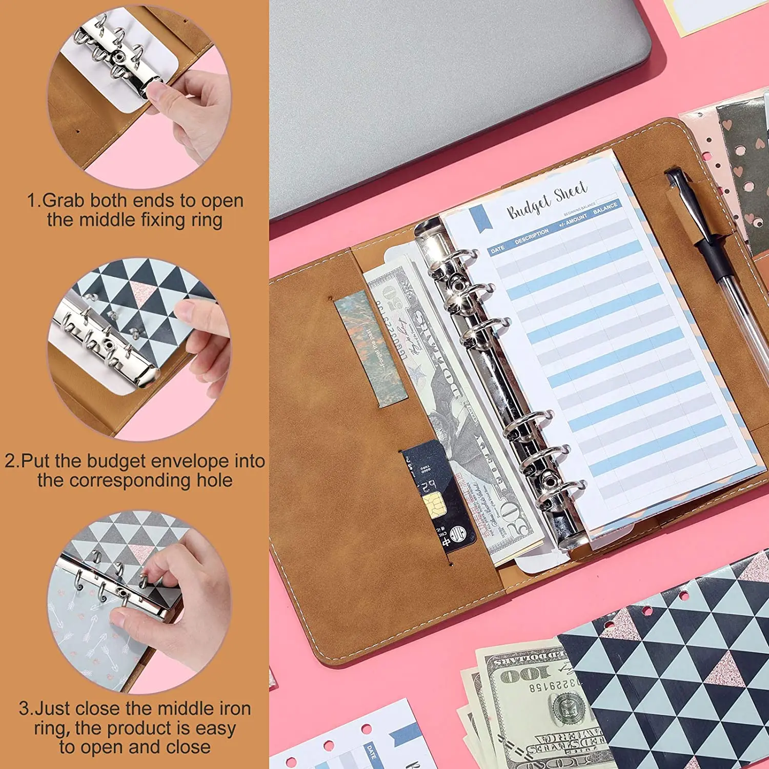 49 Pieces A6 PU Leather 6 Rings Binder Cover Notebook with 12 Budget Envelopes System,Expense Budget Sheets,Self-adhesive Labels