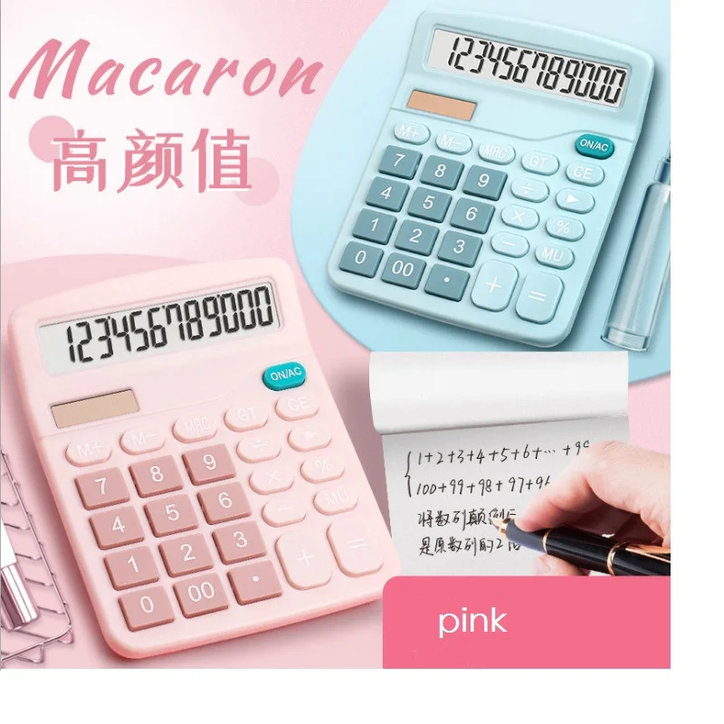 Macaron Blue Pink 12 Digit Desk Solar Calculator Large Big Buttons Financial Business Accounting Tool for School Student Office