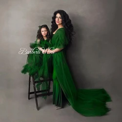 Pretty Dark Green Mother And Daughter Tulle Dress To Photo-shoot Elegant Ruffles Girl Dress Maternity Women Robes Plus Size