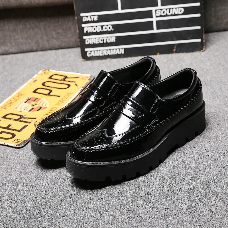 mens casual business wedding formal dresses black platform shoes slip-on lazy shoe oxford patent leather loafers chaussure homme