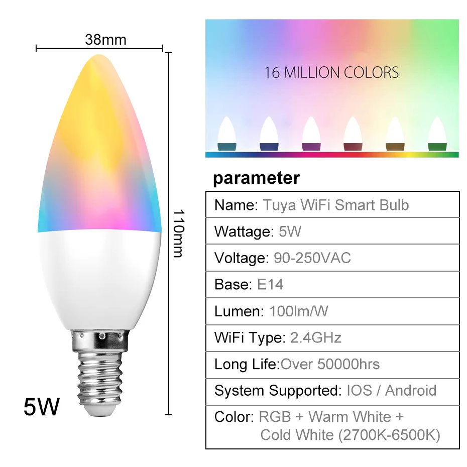 Tuya E14 Smart Led Bulb 5W RGB Dimmable Light LED Candle Bulb Compatible with Alexa Google Home / Smart Life APP Remote Control