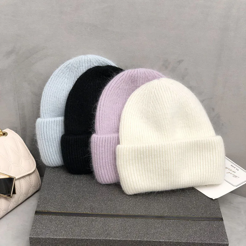 

simple Girl Rabbit fur Knitted Hat for Women Winter Skullies Beanie Warm wool Cap Gorros Female Cap