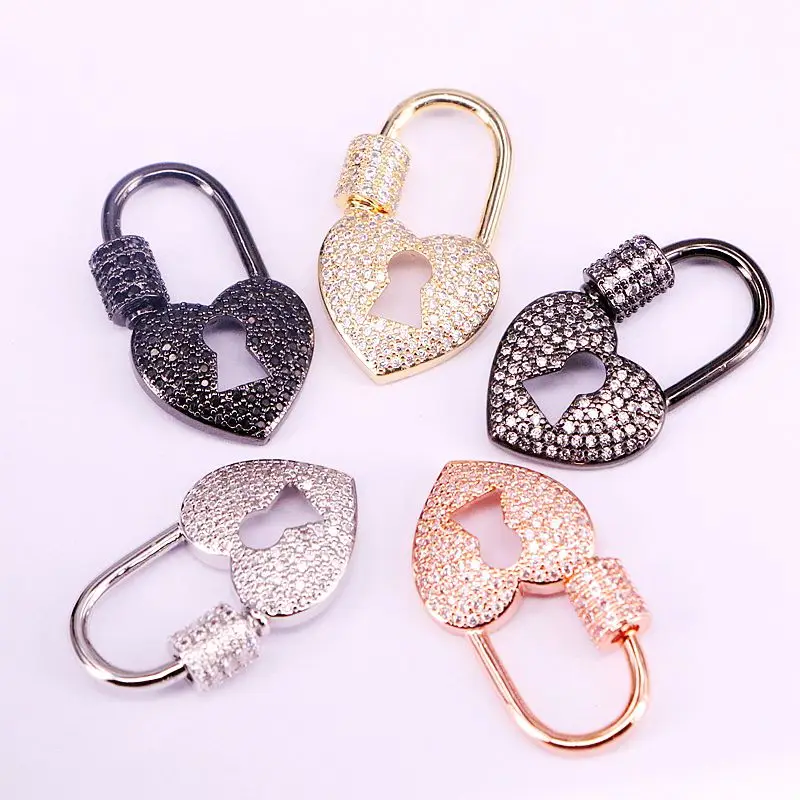 6PCS, CZ Micro Pave Heart Lock Shape Clasp, Gold/Rose gold/Gunmetal/Silver color Shape Clasp Lock, Carabiner Pave Lock, Findings