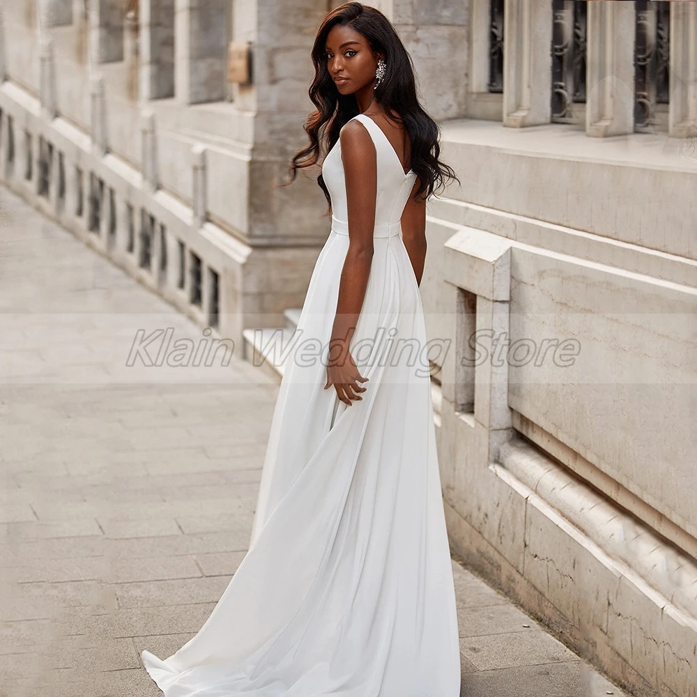 Jérsei side slit a line vestido de casamento boêmio 2021 sexy profundo decote em v sem mangas com zíper voltar vestidos de noiva com faixas