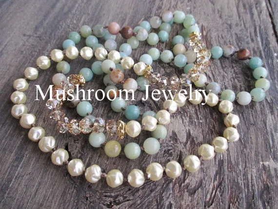 

Fashion Bohemian Tribal Amazonite Beads Stone Handmade Knot Necklaces Pearl And Crystal Yoga Jewelry Amazonite Stone Necklace F