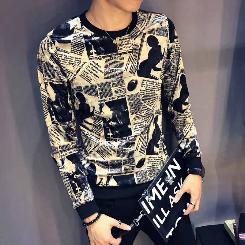 Luxury Velour Newspaper Printing Homme Club Outfit Men Slim Fit Long Sleeve O Neck Velvet T Shirt