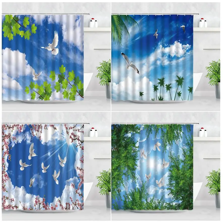 Spring Scenery Shower Curtain Set Blue Sky White Cloud Bird Green Leaf Plant Landscape Waterproof Fabric Bathroom Decor Curtains