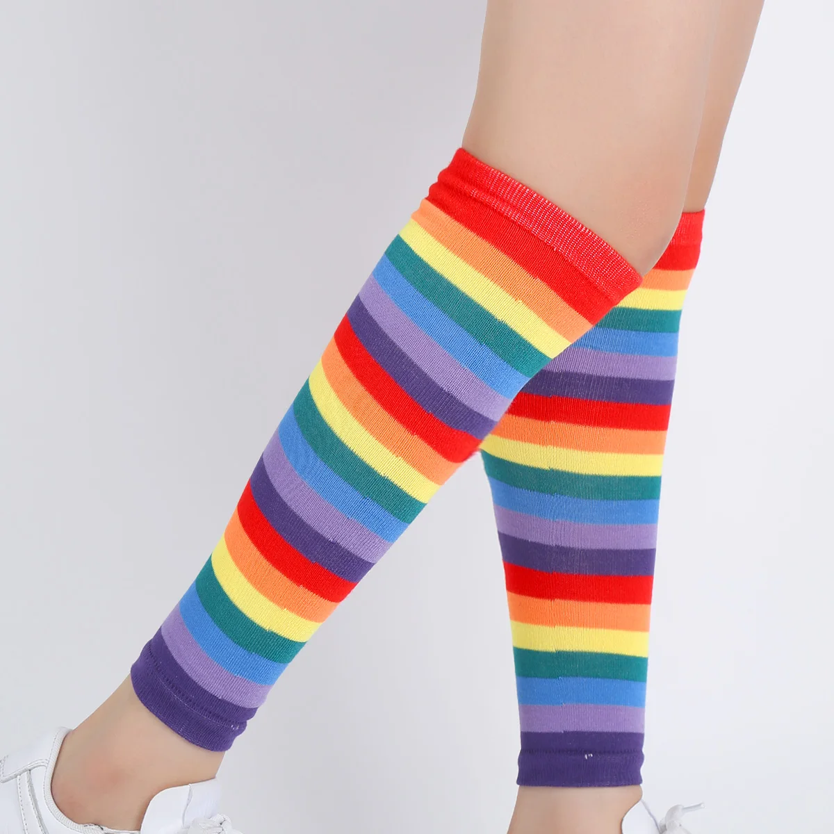 Women Funny Rainbow Striped Arm Warmer Gloves & Leg Warmers Halloween Costume Party Cosplay Striped Knee High Socks Gloves