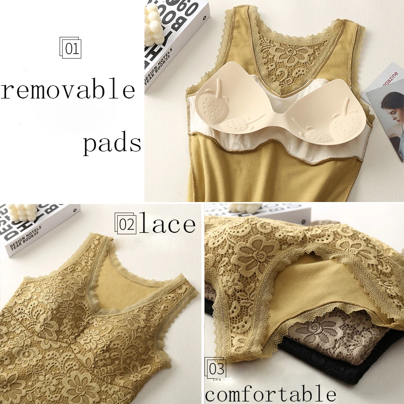 Women Thermal Underwear Winter Warm Body Tops Slim Waist Vest Lace Removable Pads