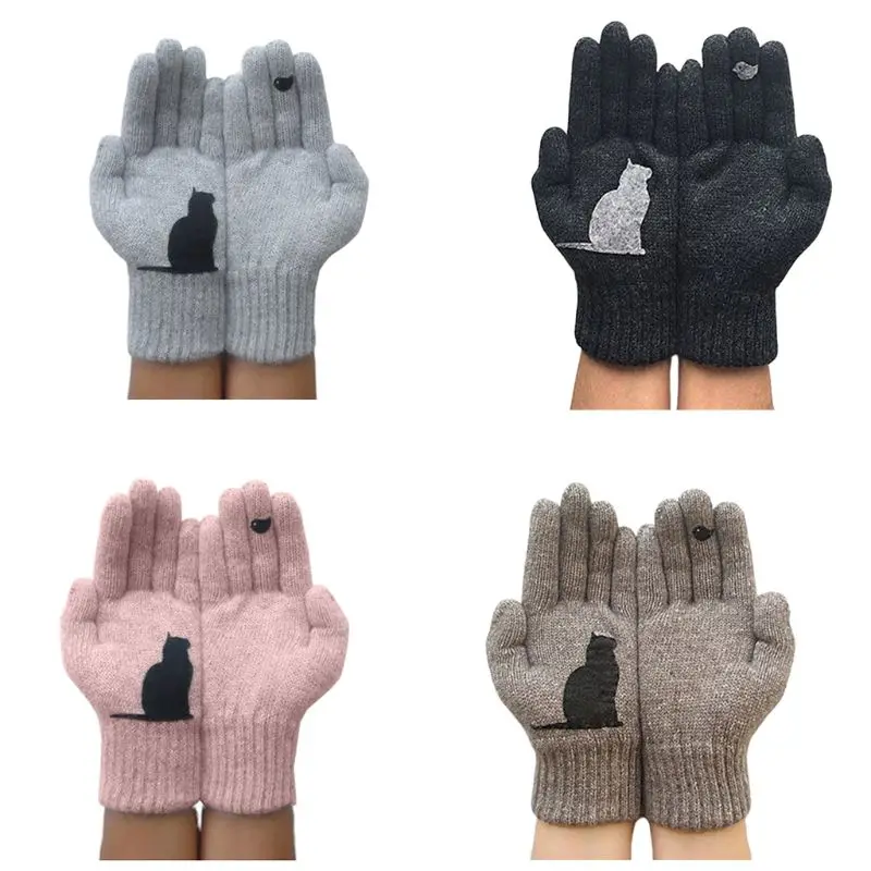 

Women Winter Faux Wool Thick Warm Knit Gloves Cartoon Bird Patchwork Mittens L4ME