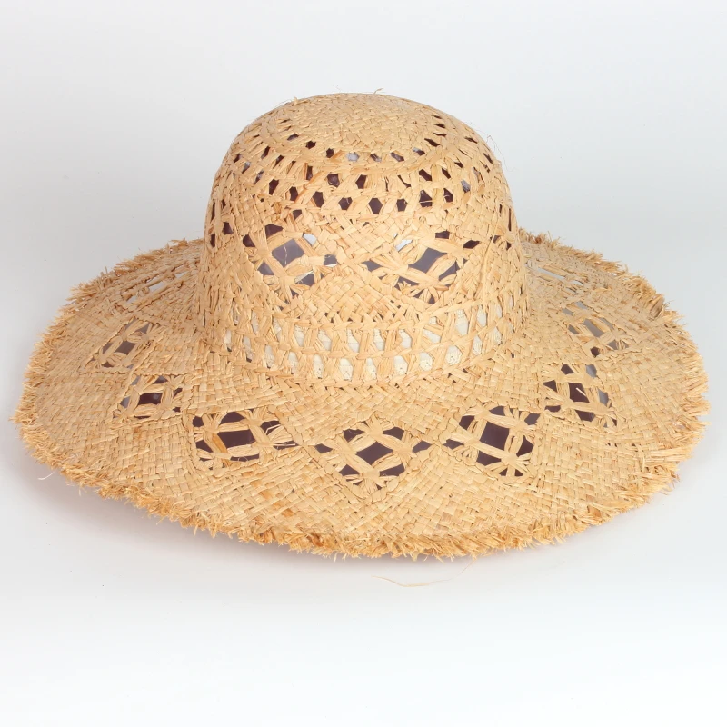 Wholesale Women Rough Wide Brim Raffia Straw Panama Hat Summer Beach Hats