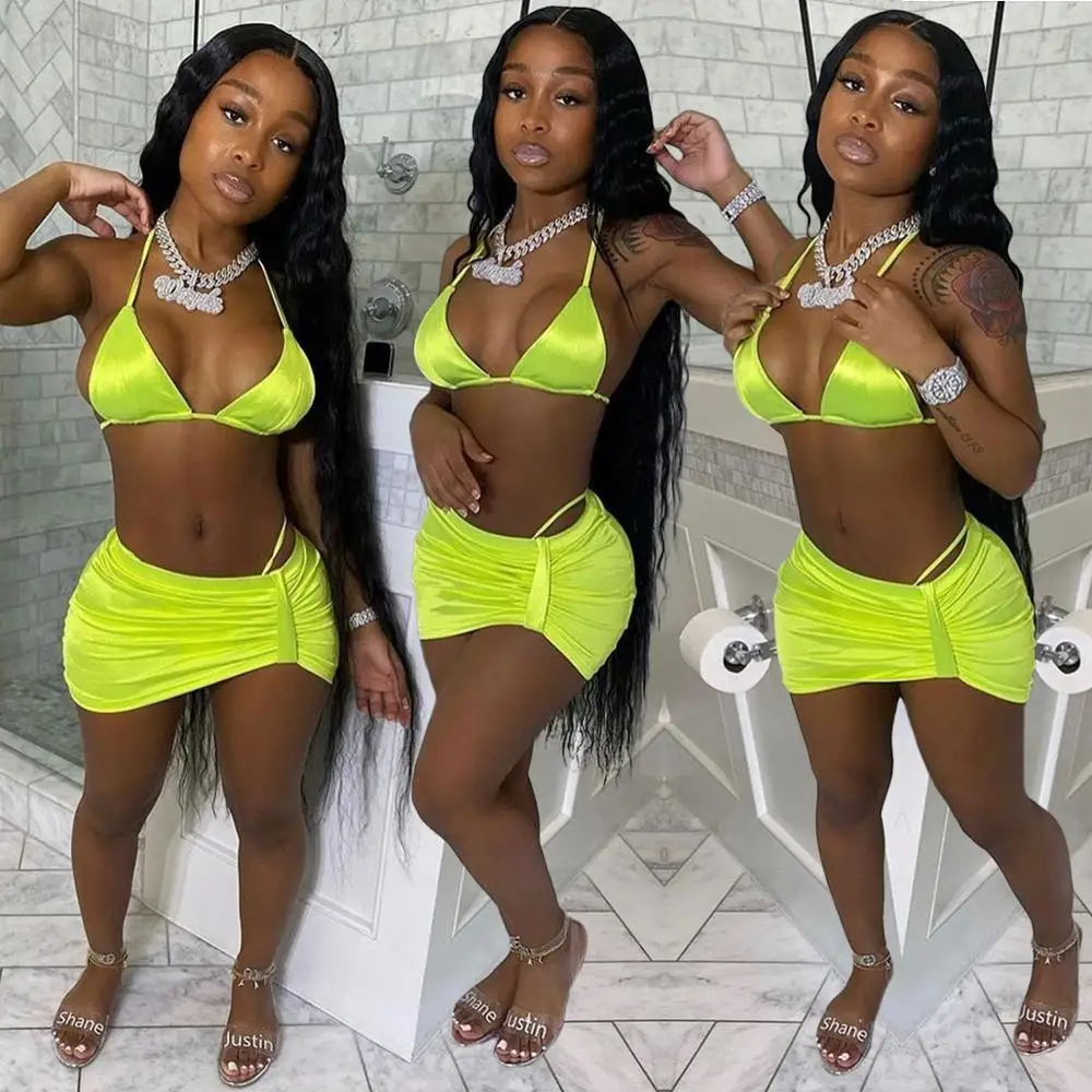 

BKLD Three Piece Set Women 2024 Summer Beach Party Wear Halter Crop Top Skirts With Briefs 3 Piece Set Women Sexy Club Outfits