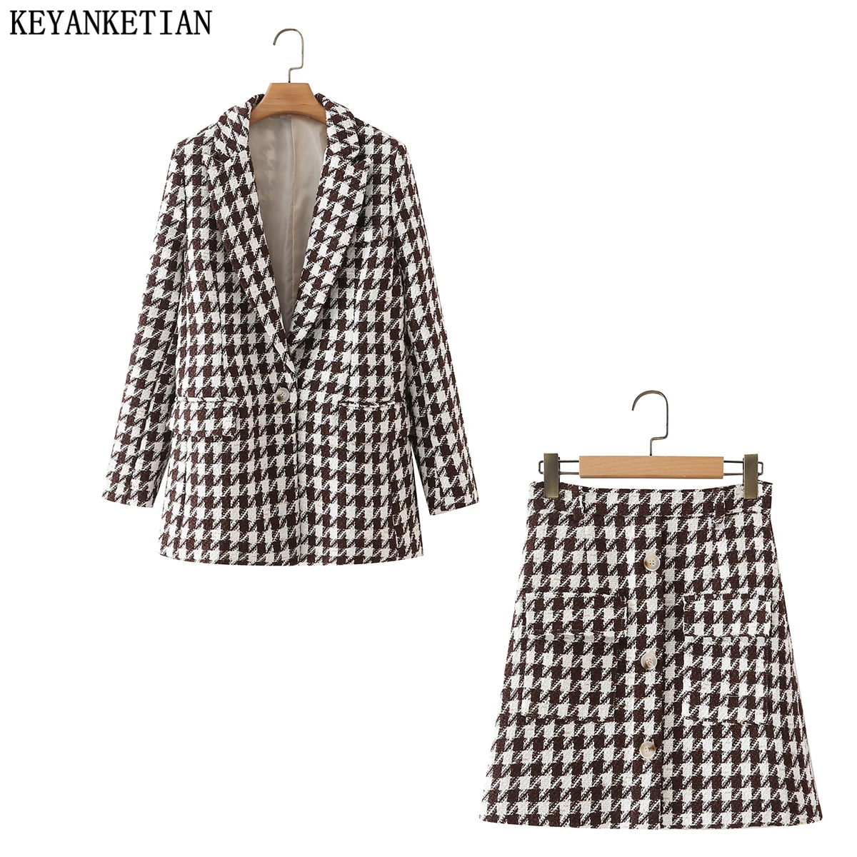 

KEYANKETIAN Spring and autumn new women's woolen gold thread knitting plaid one-button suit jacket short skirt suit