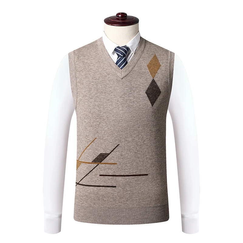 

Male 100% Wool Knitwear 2021 Autumn Argyle Cashmere Sleeveless Sweaters V-Neck Pure Wool Knit Vest Pullovers