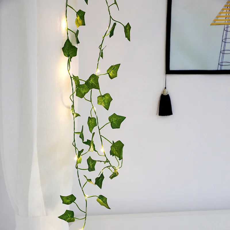 2M 20LED Leaf Garland Lamp for New Year Battery Ivy Vine LED Fairy String Lights For Bedroom Christmas Wedding Party Green Decor