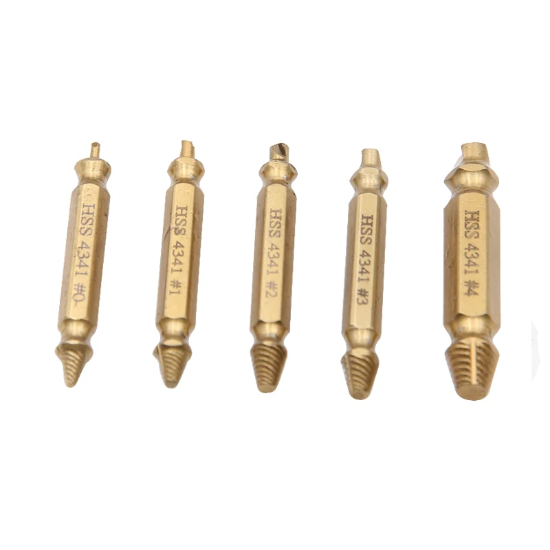 Tornillo dañado HSS 4341, removedor de titanio de 5 piezas, juego de Extractor de tornillos a rayas de doble extremo, herramientas para carpintería