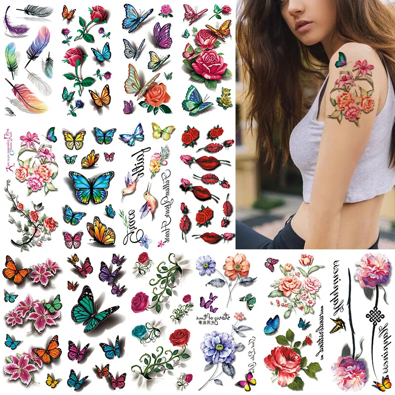 3D Waterproof Tattoo Sticker Women Butterfly Color Printing Sexy Temporary Tatoo Adesivos Flower Animal Arm Decals Fake Tattoos