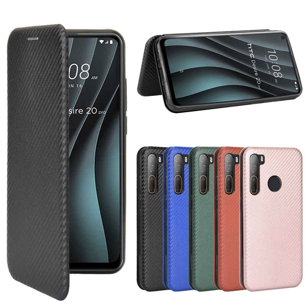 For HTC Desire 20 Pro Case Carbon Fiber Flip Leather Case For HTC Desire 20 Pro Business Magnetic Wallet Card Slot Slim Cover