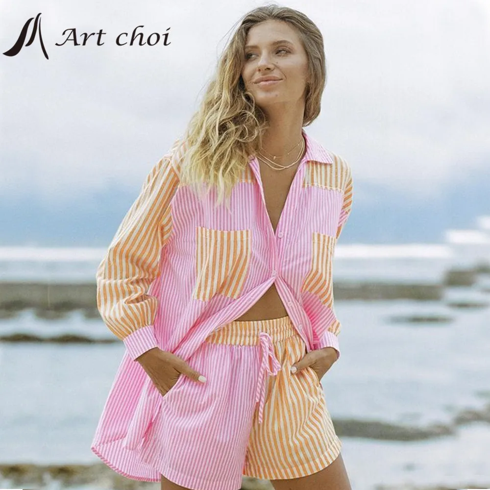 

Spring Summer Two Piece Set Tracksuit Casual Outfit Leisure Suits Women Striped Blouse Tops High Waist Shorts Pants 2 Piece Sets