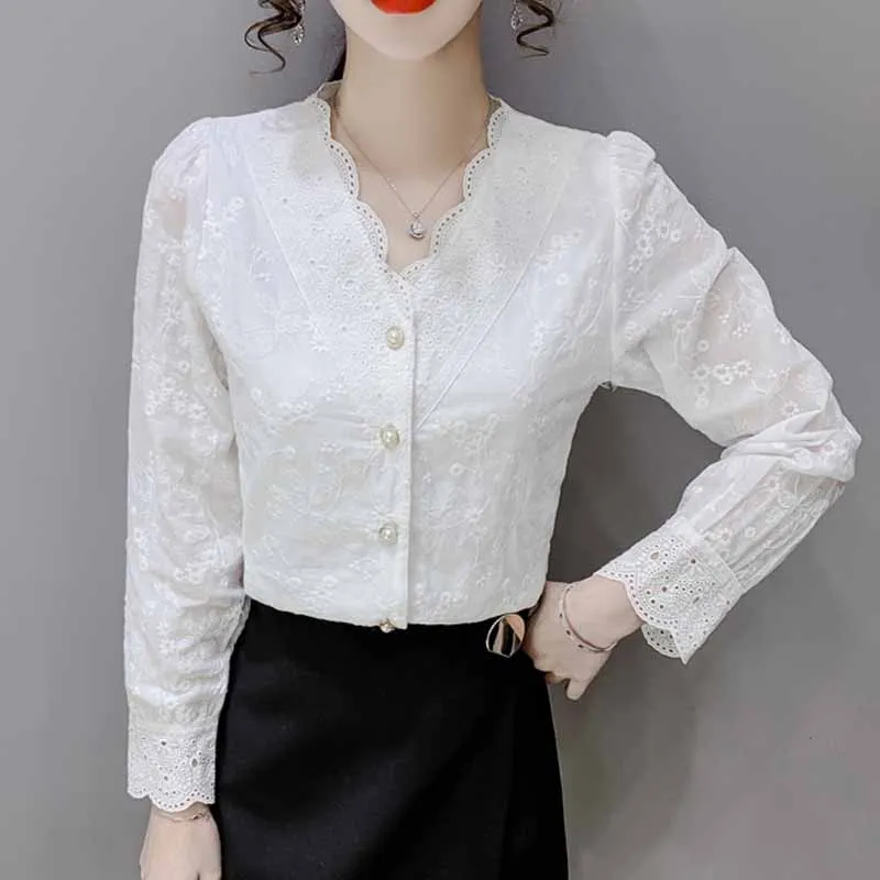 Puff manga longa flores crochê blusa de renda feminino francês v pescoço oco para fora camisa outono branco elegante mulher topo blusas 16650