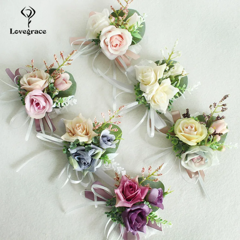 Lovegrace Wedding Boutonniere Bloem Bruidsmeisje Pols Corsage Armband Bruidegom Boutonniere Huwelijk Bruiloft Getuige Roze Zijde Roos