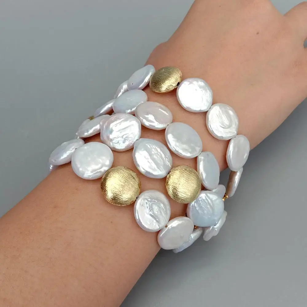 Y·YING 4Strands Freshwater Cultured White Coin Pearl Gold color Plated Brushed Bead Bracelet 8.5