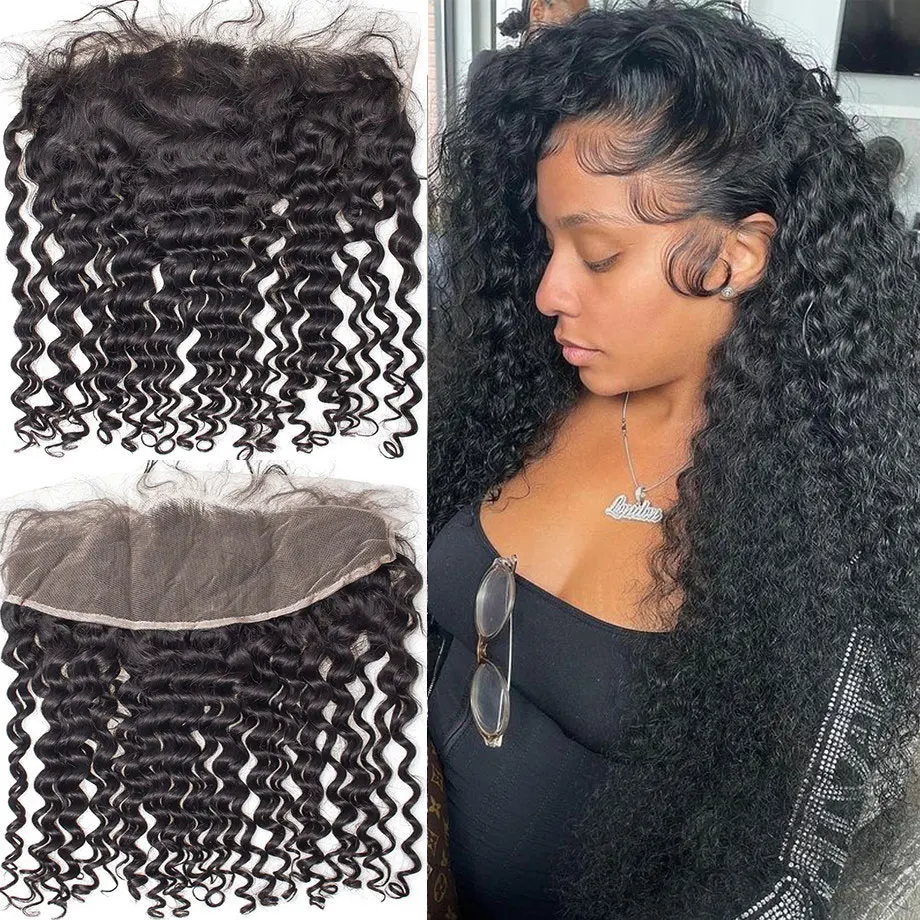 Hd Lace Frontal 13x4 Curly Lace Closure Human Hair For Black Women Brazilian Remy Hair Pre Plucked Water Deep Wave Lace Front