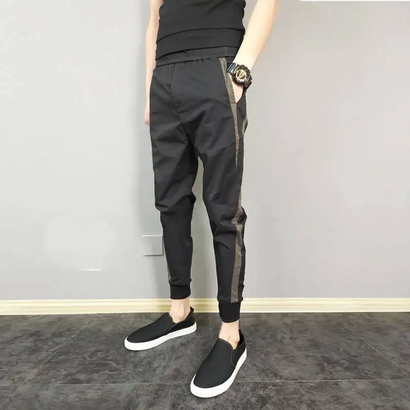 

Fashion Mens Hip Hop Skinny Harem Pants With Patchwork Side Striped Joggers Fit Ankle-Length Cuffed Pants For Male