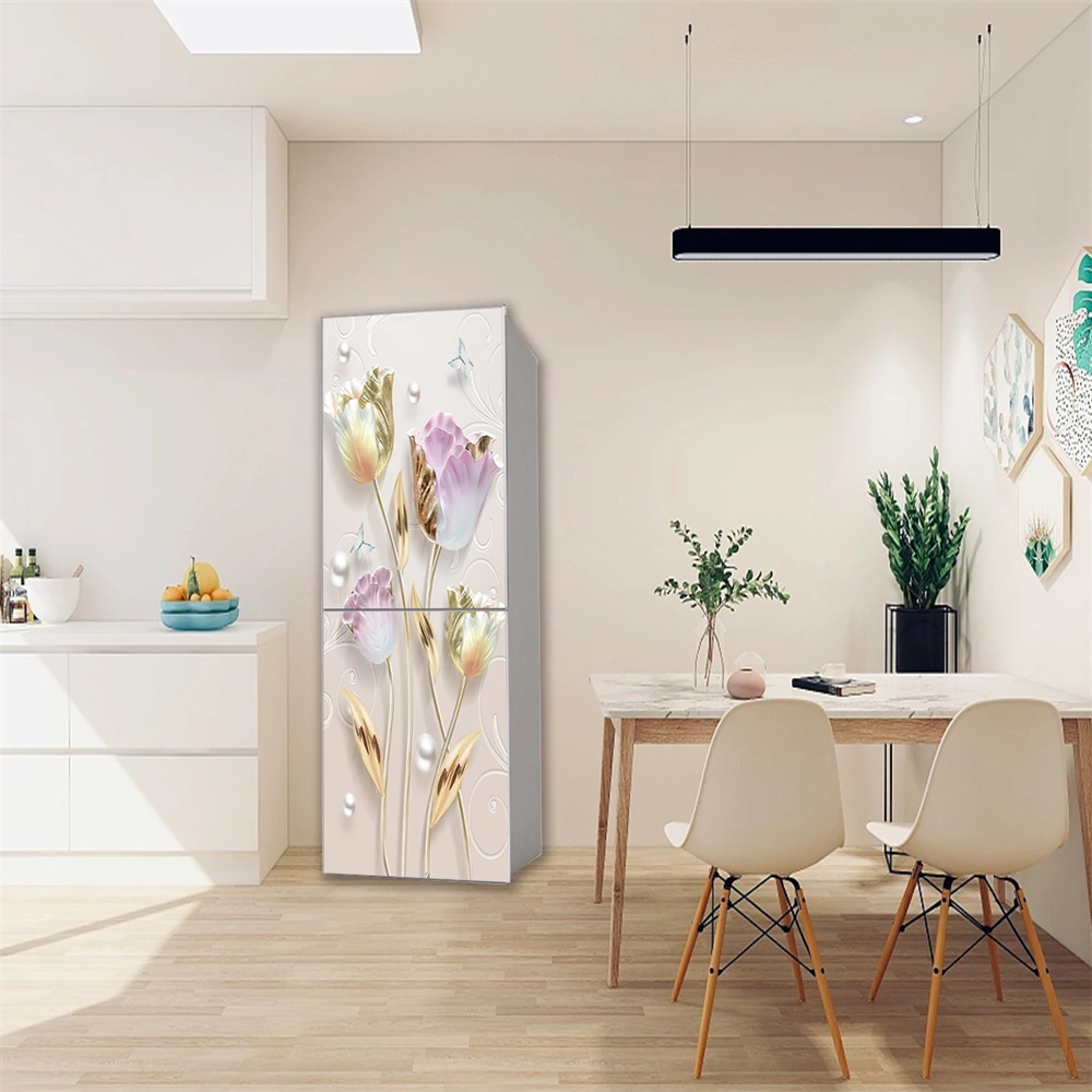 Kitchen Fridge Sticker Vinyl Refrigerator Wallpaper Full Covers Self-adhesive Lotus Flower Mural Freezer Film Decor Poster Decal