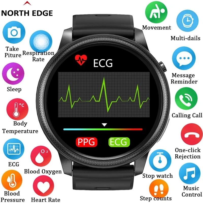 NORTH EDGE Smart Men Women Watches Sports Fitness Activity ECG Blood Oxygen Blood Pressure Heart Rate Monitor Wristwatch