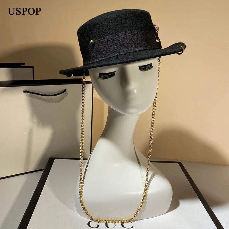 USPOP New Winter Hats Women Black Metal Chain Fedoras Fashion Letter Pin-decorated Wool Hat