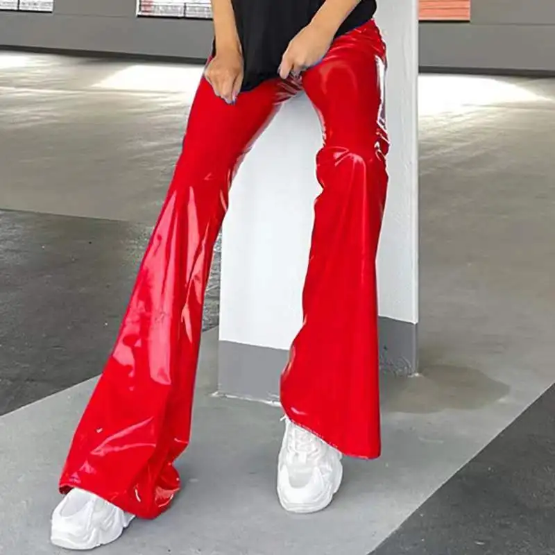 High Waist Faux Latex Leather Flare Pants Women Slim Patent Leather Bell-bottom Pants Ladies Vintage PU Trousers Clubwear Custom