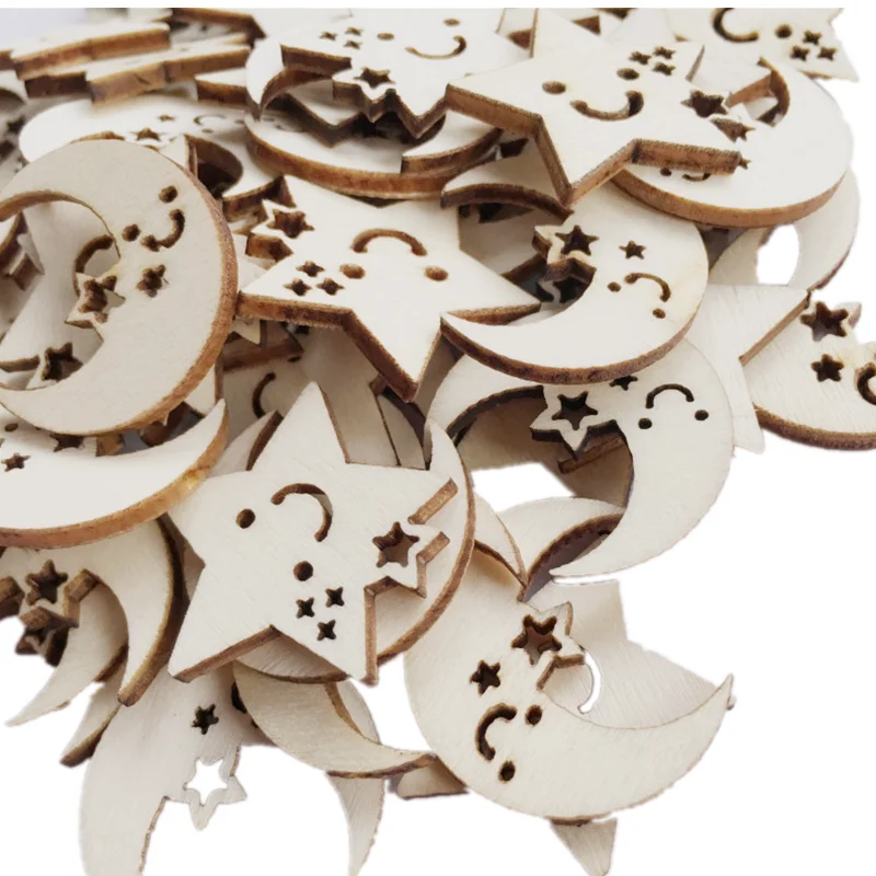 

50pcs Little Star Moon Shaped Wood DIY Craft Cutout Wooden Slices Embellishments Gift Unfinished Wood Ornaments Home Decoration