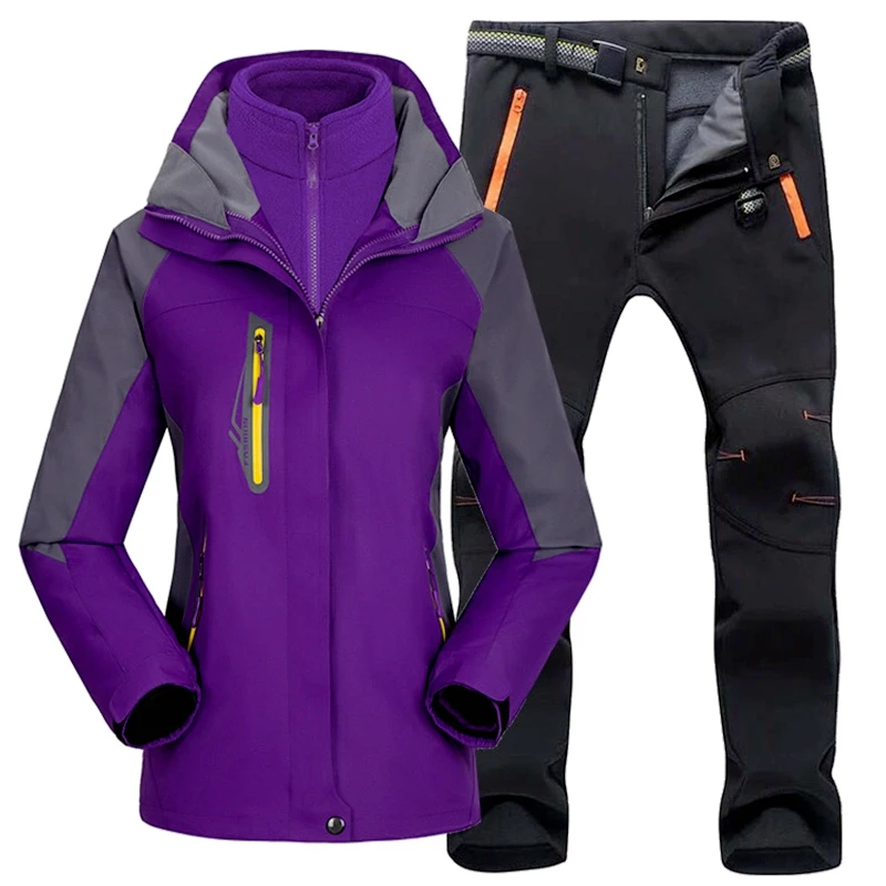 Women Ski Suit Outdoor Hiking Skiing Waterproof Jackets Fleece Winter Warm Fishing Trekking Ski jacket Pant Set for Female