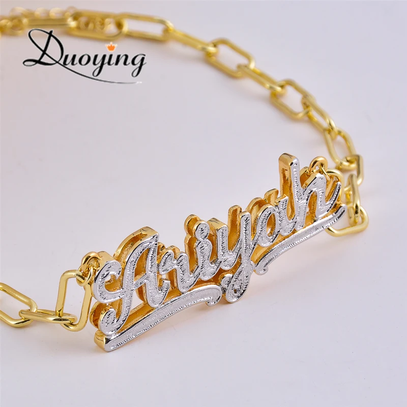 DUOYING Name Necklace Double Gold Plated Nameplate Multi Chains Personalized Necklaces Zirconia Custom Necklace Women Choker