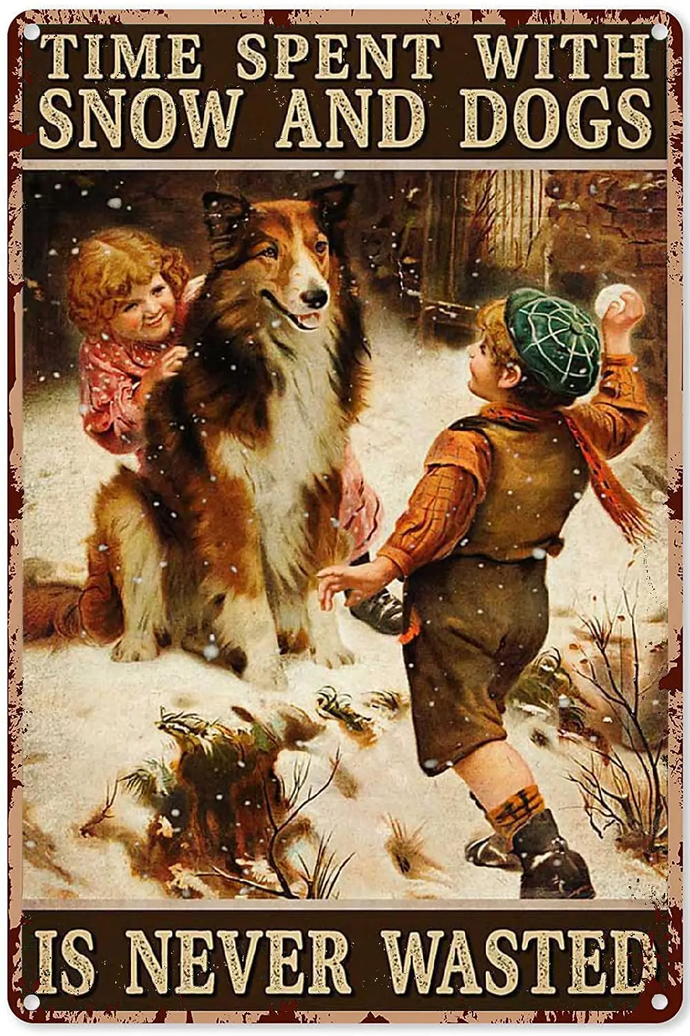 Dog Signs for Home Decor Boy and Girl Playing Time Spent with Snow and Dogs is Never wasted Great Dog Love Gift Poster,Dog